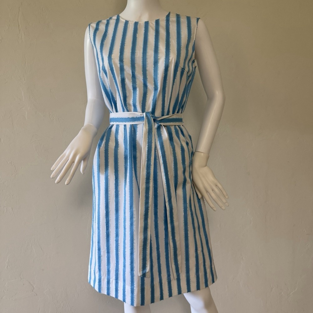 Escada Striped‎ Belted Sheath Dress Sleeveless Blue White Textured Size 34